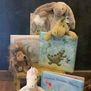 JellyCat Book and Plush Set on a table
